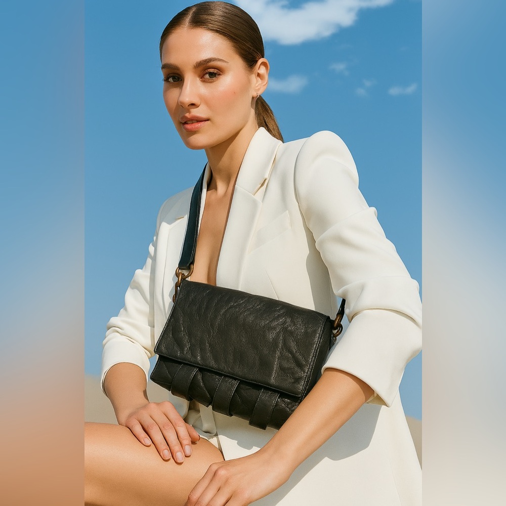 DKNY Black Textured Leather Crossbody Bag Designer Minimalist Street Style